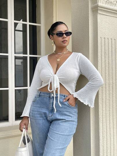 Flirla Plus Size V-ringad Knytbar långärmad Casual Sexig kort cardigan, lätt för sommaren