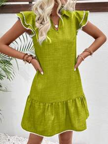 SHEIN LUNE Women's Resort Casual Contrasting Trim Ruffle Cap Sleeve Mini Dress - Green - View 3