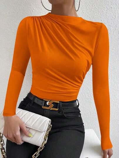 SHEIN PETITE Black Ruched Long Sleeve Blouse, Fashionable For Summer Fall Cloth For Women