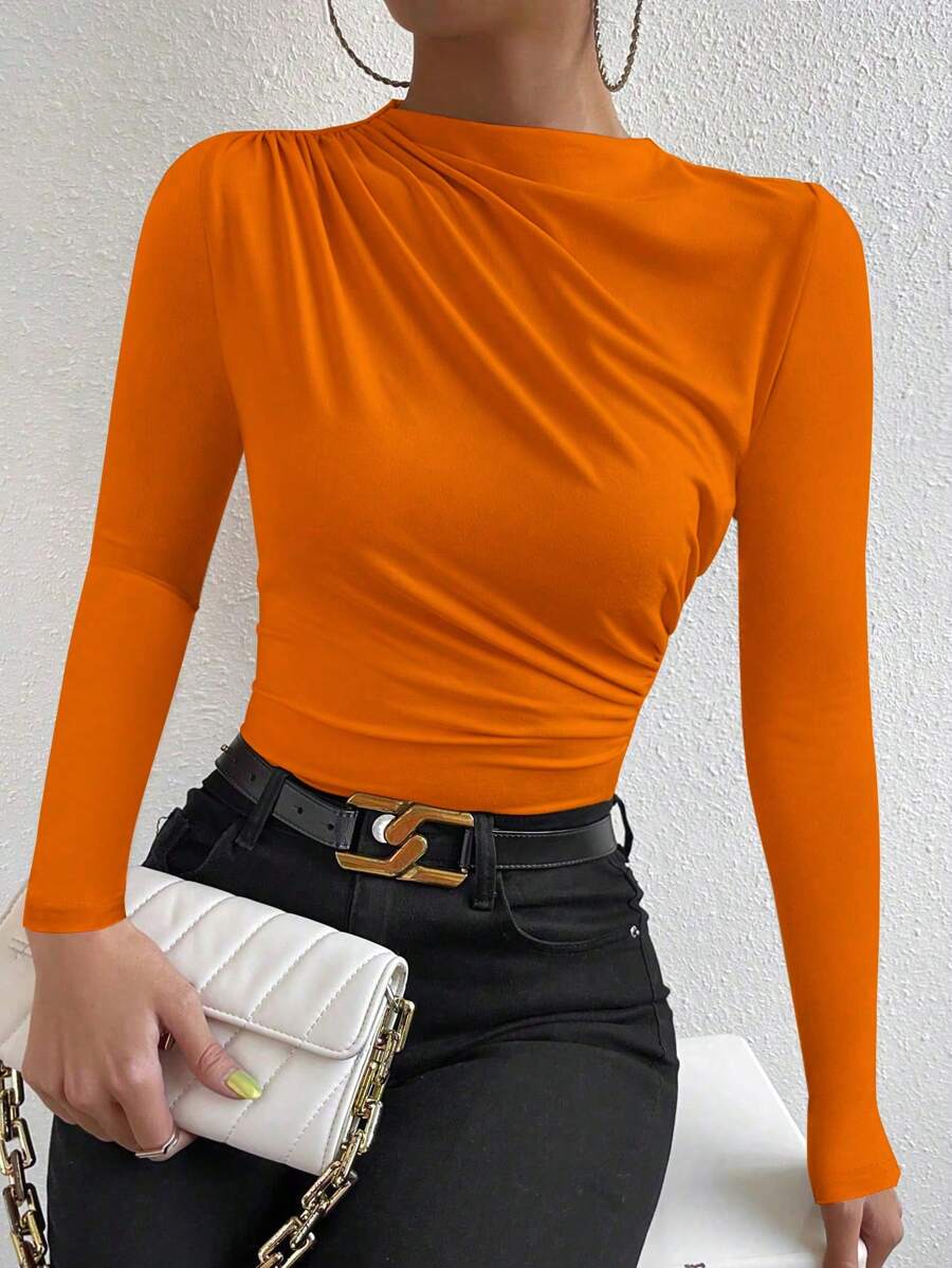 SHEIN PETITE Black Ruched Long Sleeve Blouse, Fashionable For Summer Fall Cloth For Women - Orange - View 1