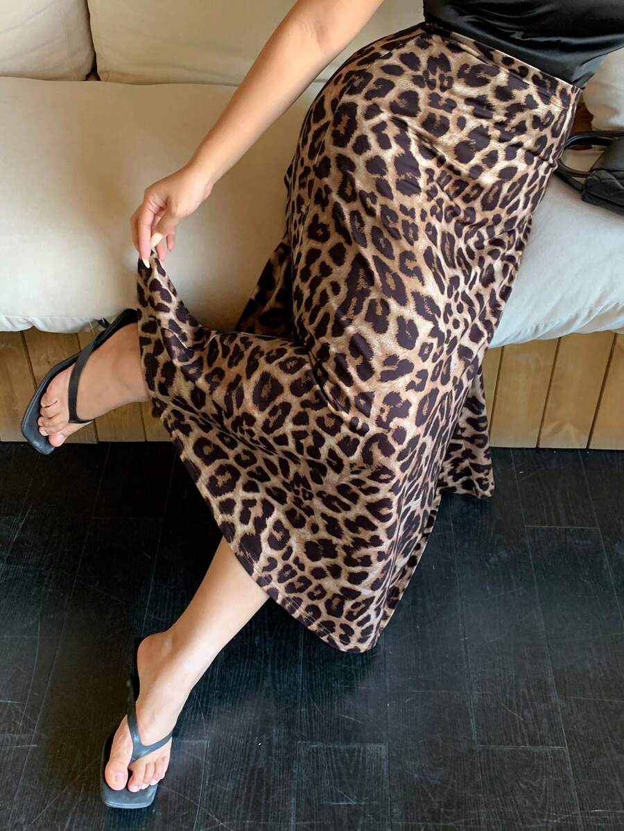 Dazy Plus Leopard Print Long A-Line Skirt, Elegant All Season Fall Skirts - Brown - View 1