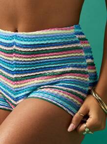 MISSGUIDED 高腰钩针热裤多色条纹海滩节夏季泳装复古风格短裤弹力腰带和波西米亚风度假服