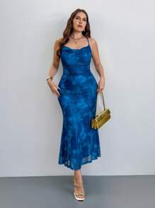 Firerie Plus Size Elegant Commuting Workplace Stylish Vacation Refined Afternoon Tea Slightly Sexy Date Music Concert Party INS Vintage Academic Beachside Photo Shoot Strap Draped Neck Fitted Long Mermaid Dress, Blue Tie Dye Gradient Printing Mesh, Suitable For Valentine's Day, Music Festival