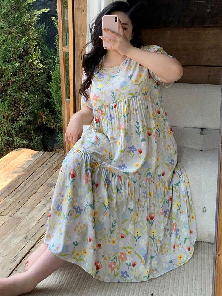 Dazy Plus Plus Size Floral Print Loose Long Nightdress , Casual Sleepwear, Moo Moo Night Dress