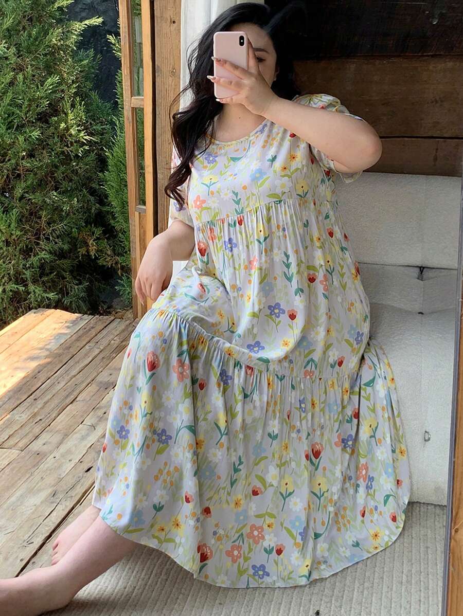 Dazy Plus 大码印花宽松长款睡裙，休闲睡衣，宽松睡裙 - 白色 - 查看 1