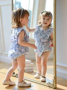 Souflis Souflis Baby Girl Sweet Fresh Ditsy Floral Print Lace Hem Bodysuit, Country Style Suitable For Summer