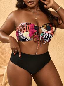 Slaydiva Plus Size Sexy Animal Print Halter Bikini Top For Summer Beach Vacation - Rose Red - View 3