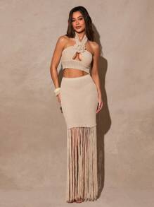 Silquee Romantic Valentine's, Date Night & Sexy Crochet Knit Cover Up Tank Vest, White, Hollow-Out Openwork Spring Summer Beach Wear - Beige - View 6