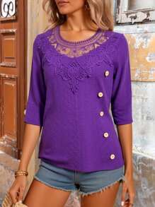 Camiseta de manga media con encaje y tejido jacquard para mujer - Morado - Ver 3