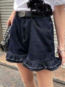 FRIFUL Women's Casual Blue Denim Ruffle Hem Shorts: Zipper Detail Short Jeans For A Stylish Summer Look Denim Shorts