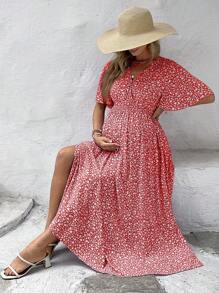 SHEIN 孕妇度假碎花荷叶边休闲短袖连衣裙 - 橘色 - 查看 3