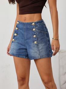 SHEIN Tall Women's Casual Fitted High Waist Denim Shorts, Blue Cowgirl Outfits For Women Old Money  Low Rise Jeans Low Rise Shorts Micro Shorts Summer Jorts Women Shorts For Women Ladies Shorts Summer Shorts - Medium Wash - View 2