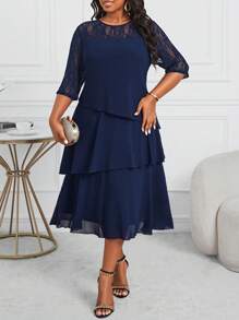SHEIN Lady 办公室连衣裙女商务职业蓝色镂空袖蕾丝拼接荷叶边分层中长连衣裙教师秋季蕾丝四季优雅女装蕾丝连衣裙秋季 - 寶藍色 - 查看 4