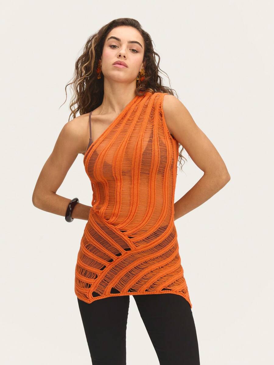 Nöista 橙色单肩女式迷你连衣裙，色彩鲜艳，展现不对称优雅，非常适合晚会、沙滩装或度假。