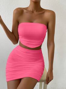 Allurite 2pcs Women Set: Solid Color Ruched Bandeau Top & High Waist Bodycon Mini Skirt, Two Pieces Dress Set Women Clothing Two Pieces Women Summer Clothes Women Two Pieces Outfits
