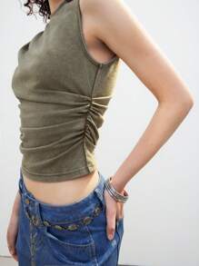 LYSMO Women's Sleeveless Ruffle Hem Fitted Washed Vintage Style Top, Casual Wear - Green - View 9