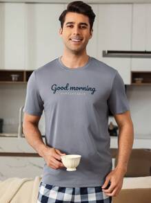 Manfinity Underwear&Sleepwear Basics Parte superior de pijama de cuello redondo con estampado de letra para hombres, conjunto de ropa de casa de verano