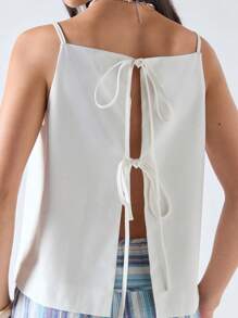 LYSMO Women's Spring And Summer Backless White Vacation Style Top, Solid Color Loose Lace Cami Top Bow, Simple, Advanced, High-Quality Fashion Commuting, One-Shoulder Hollow Cami Top