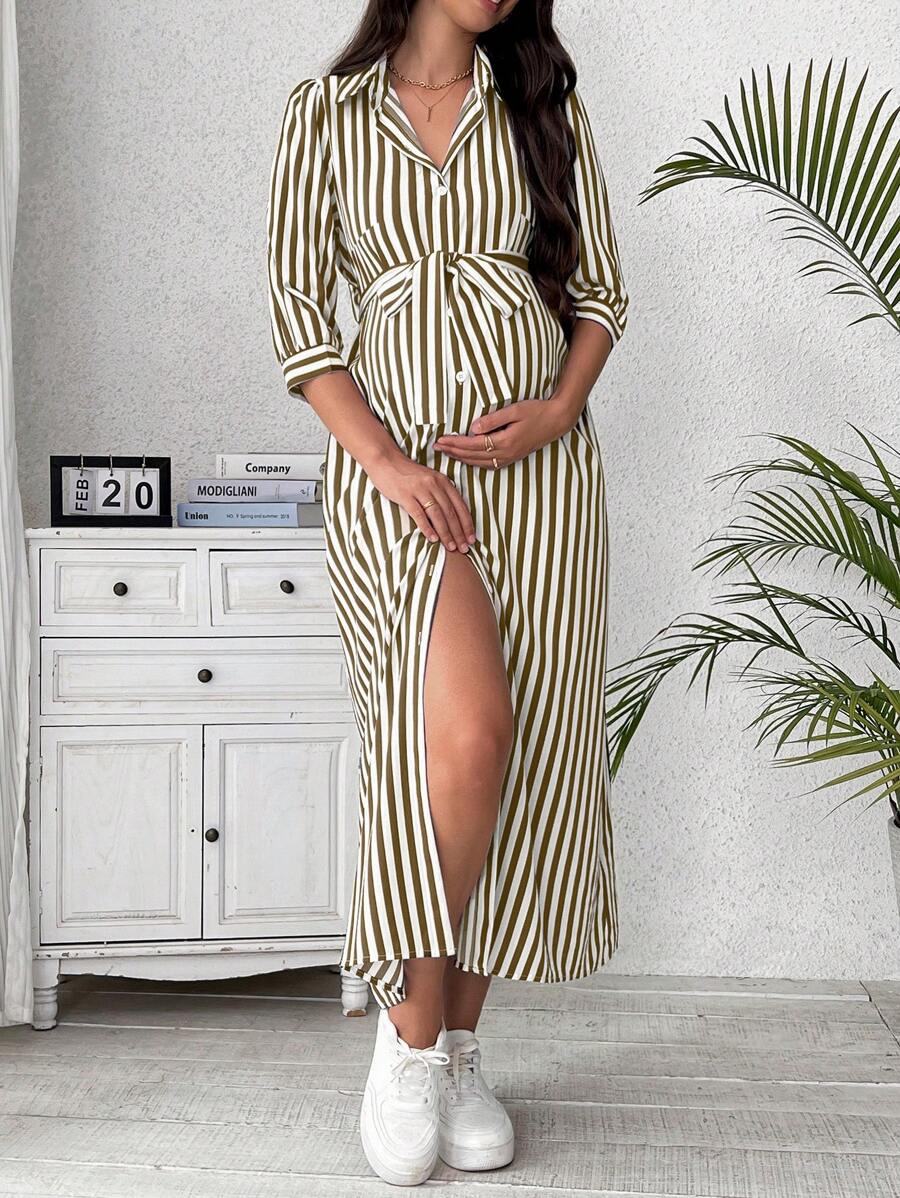 SHEIN 孕妇休闲条纹印花长袖衬衫裙孕妇装 - 棕色 - 查看 1