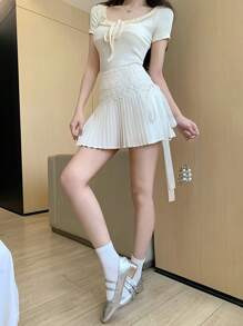 DAZY Váy xếp ly lưng cao thắt nơ ren tương phản màu trắng cho nữ, Xuân/Hè - trắng - Xem 8