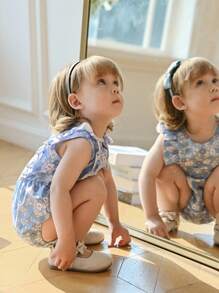 Souflis Souflis Baby Girl Sweet Fresh Ditsy Floral Print Lace Hem Bodysuit, Country Style Suitable For Summer