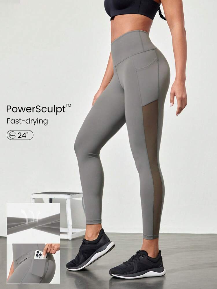 24'' Powersculpt™ Side Mesh Panels Side Pockets Active Leggings High Impact Running Training Gym Daily Active Wear Removable Cups