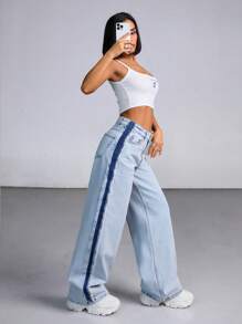 EURMUSE WOMEN LOW WAIST LOOSE WIDELEG BLUE JEAN CASUAL