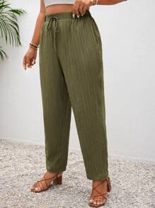 SHEIN Frenchy Plus Size Vacation Solid Color Knotted Casual Pants With Pockets - Green - View 6