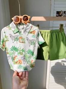 SHEIN 2pcs Set Baby Boy/Girl Casual Daily Cute Allover Print Coconut Tree & Animal Pattern Drop Shoulder Loose Fit Round Neck Top Shirt And Elastic Waist Shorts Set, Suitable For Spring/Summer, Home, Outing, Vacation, Beach