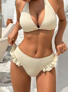 SHEIN Swim Women's Summer Texture Tie-Up Halter Ruched Triangle Top And High Waisted Pants Casual Beach Swimsuit Set - Apricot - View 3