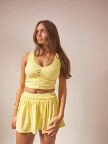 Aralina Women's Solid Color Ruched Tank & Mini Skirt Workout Set - Yellow - View 4