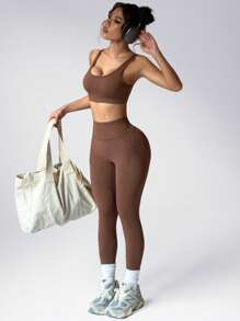 SHEIN Sports 1 sutien sport Mocha Crisscross cu bretele, antrenament de fitness yoga - cafea maro - Vizualizare 2