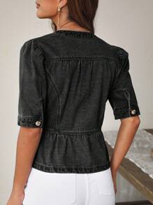 EMERY ROSE Women's Casual Daily Denim Jacket With Ruffle Hem And Front Buttons - Dark Grey - View 2