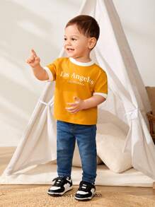 Cozy Pixies 2pcs Baby Boy Letter Pattern Knit Soft Round Neck Short Sleeve Pullover Top And Elastic Waist Pants Set - Multicolor - View 5