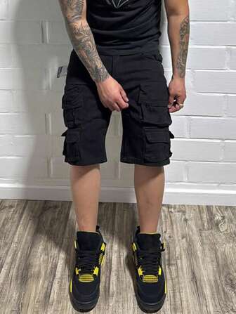 Manfinity Roughcore Męskie szorty jeansowe cargo z prostymi nogawkami, modne na lato, na miejskie wyjścia, na imprezę, na ulicę