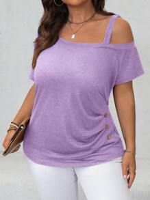 SHEIN LUNE Plus Size Summer Casual Solid Color Asymmetrical Neck T-Shirt