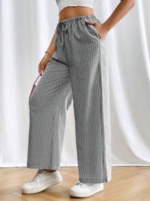 SHEIN PETITE 女士纯色时尚长裤，适合夏季 - 黑色 - 查看 3