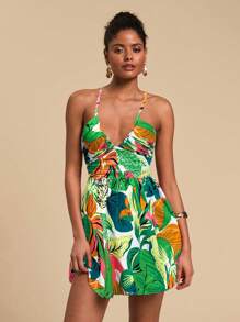 Travachic 海滩度假热带印花迷你连衣裙，女士夏季服装，热带度假女装，夏季，女士度假服装，女士连衣裙 - 綠色 - 查看 4