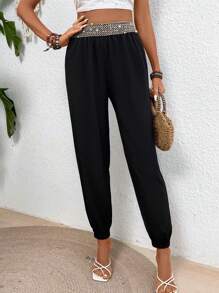 SHEIN Tall Casual Vacation Loose Fit Black Metal Sequin Patchwork Pockets Tapered Leg Pants - Black - View 6
