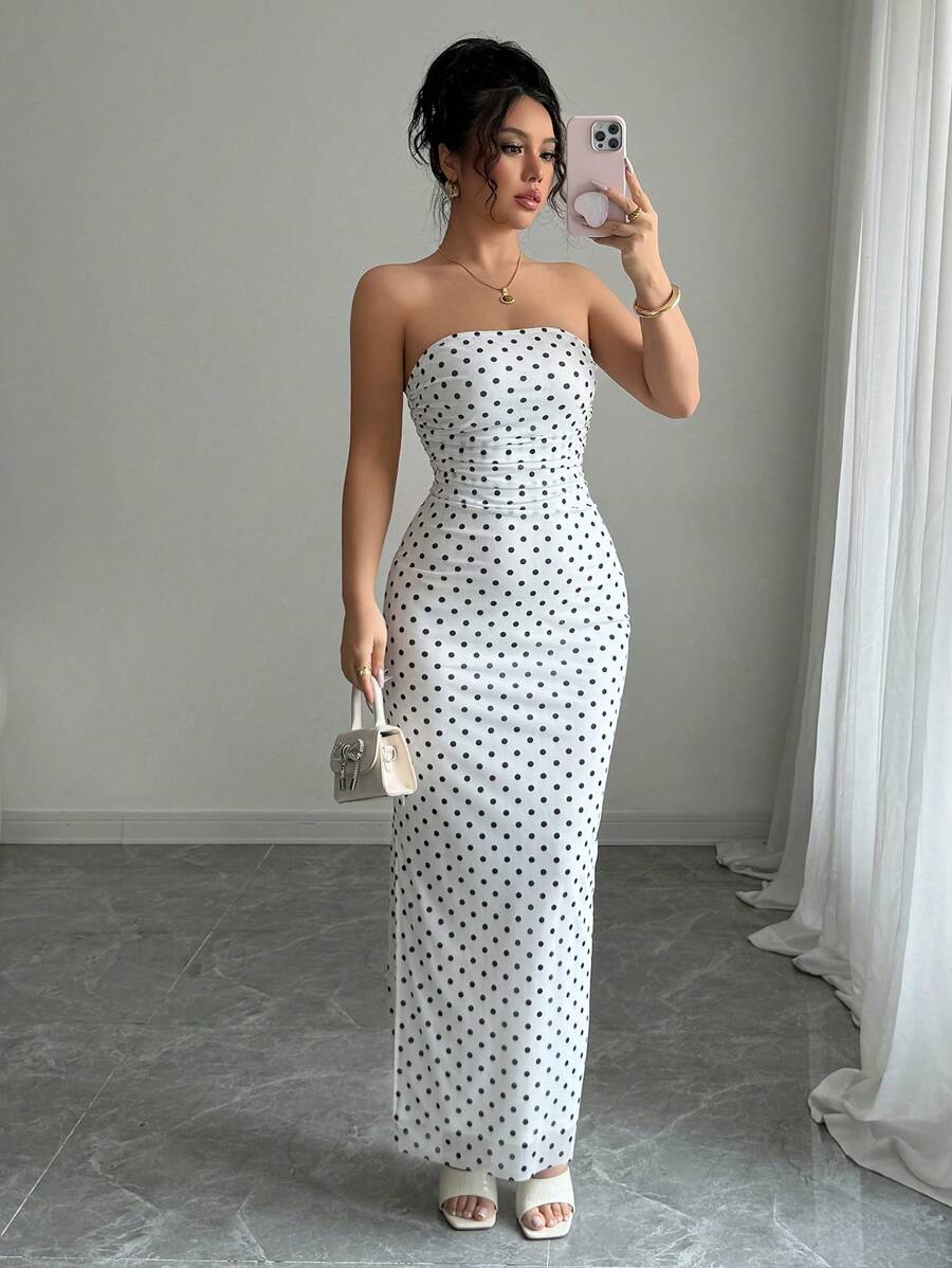 Rafferiza Váy lưới không tay chấm bi thanh lịch cho nữ, eo nhún - trắng - Xem 1