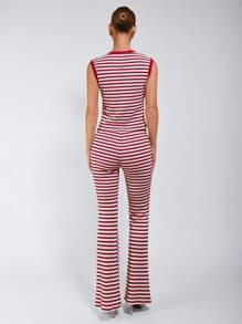 COSMINA 2 件套女士条纹单排扣背心和喇叭裤休闲装