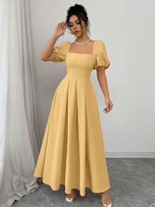 Chiquease Vestido largo con cuello cuadrado rosa, mangas abullonadas fruncidas y lazo en la espalda para mujer