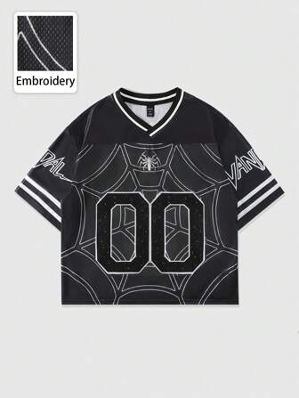 Prep Men's Jersey Glitter Sequin Applique Sporty T-Shirt, Mesh Fabric Patchwork Short Sleeve Athletic Tee