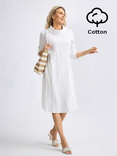 Miaspire White Fabric Folding Sleeve Turtleneck Midi Casual Dress For Women, Spring & Summer