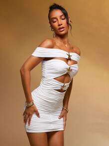 Hauture Off Shoulder Cut Out Dress With Starfish Hardware Detail - White - View 1