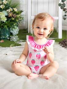 Baby Girls Cute Strawberry Print Ruffled One Piece Swimsuit,Backless Bow Embellished Swimsuit - Pink - View 4