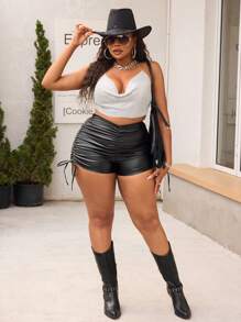 SHEIN Plus Size Women Elastic Black Coated Shorts With Drawstring Waist & Ruched Design, Fitted Shorts Summer For Women Festival Cowgirl For Women Party Denim Shorts - Black - View 5