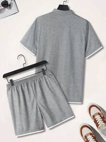 Manfinity Homme Bộ áo sơ mi và quần short POLO 2 trong 1 dành cho nam, thiết kế thời trang tối giản, phù hợp cho trang phục 2 món mùa hè dành cho nam, trang phục thường ngày mùa hè dành cho nam - Màu xám đen - Xem 2