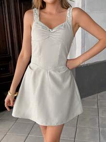 SHEIN Essnce Mini Dress Grey Dress Elegant Women Mini Dress, Fashionable Solid Color Summer Dress - Apricot - View 1