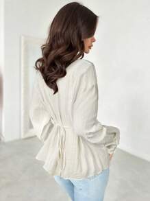 Firerie New Linen-Like Cool Fabric Twisted Tie Drop Shoulder Shirt - White - View 2